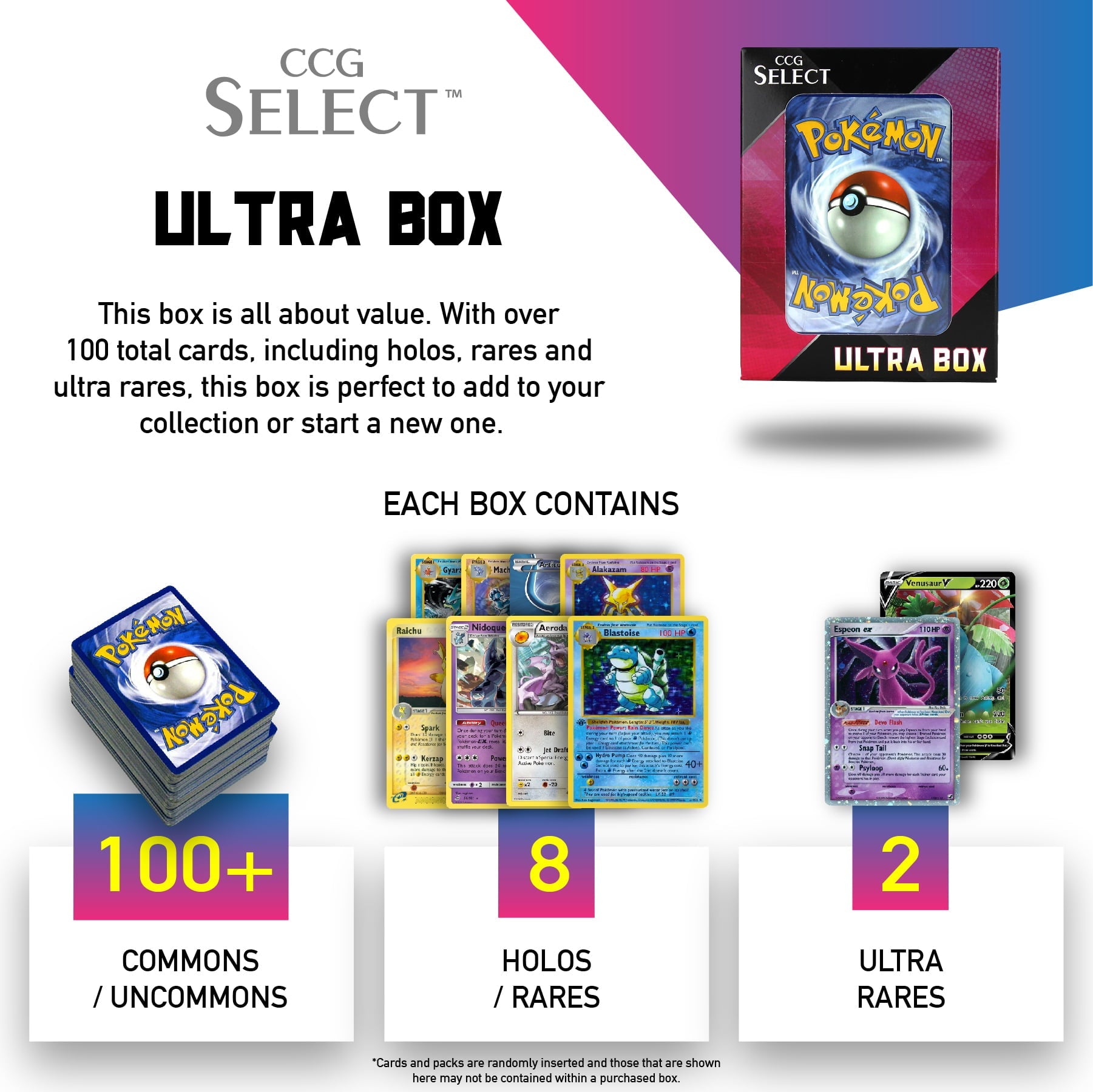 Ultra Box | 100 Cards | 2 Guaranteed Ultra Rares | Plus 8 Holos or Rare Cards | Compatible with Pokemon Cards