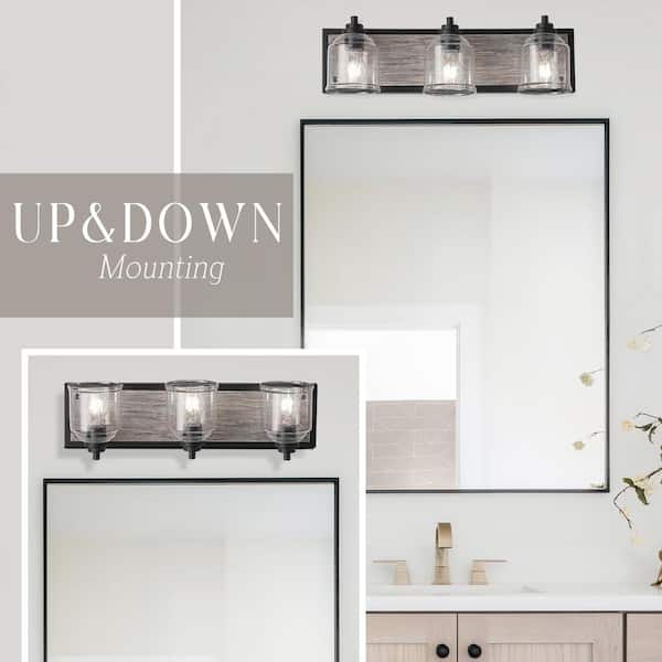 Modern 23 in. 3-Lights Black Bathroom Vanity Light, Farmhouse Wood Grain Wall Sconce with Clear Seeded Glass Shades