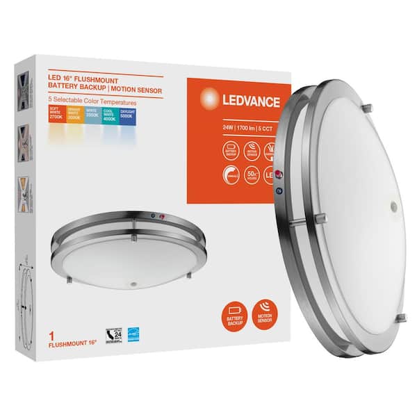 16 in. Brushed Nickel Selectable LED Flush Mount with Motion Sensor and Battery Backup
