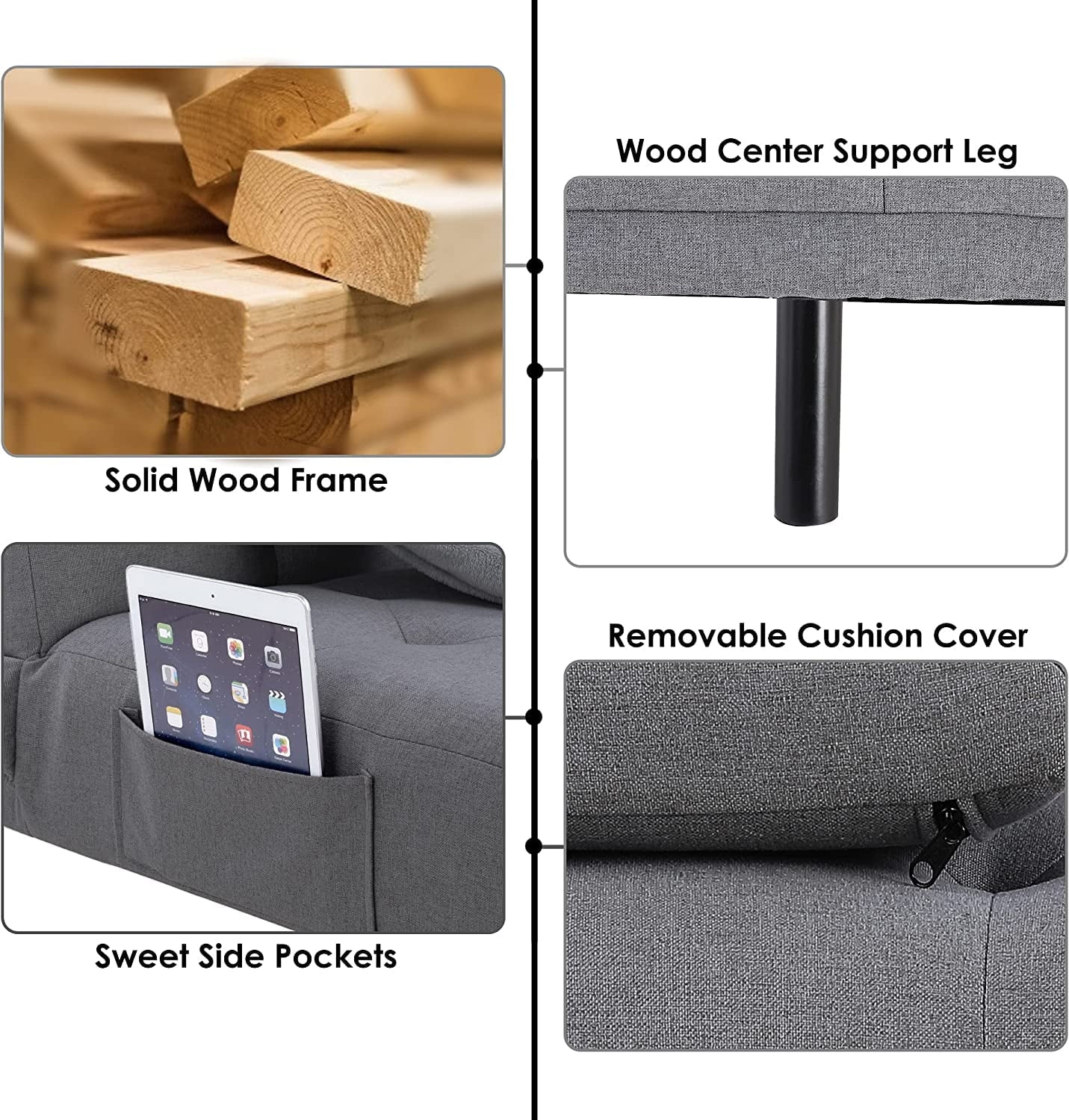 Homfa Convertible Futon Sofa Bed, 66.3'' Upholstered Removable Armrests,Gray Finish