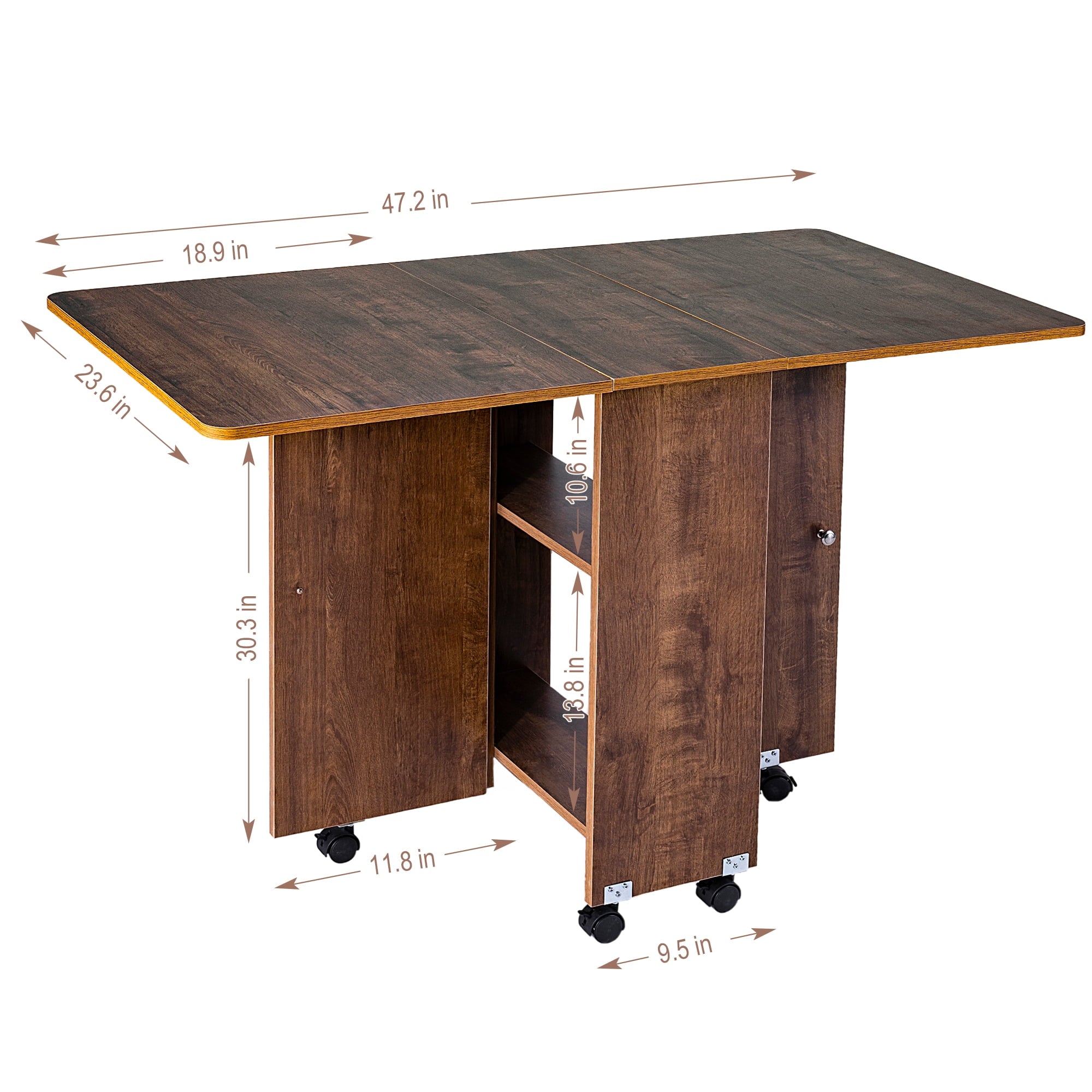 WAYTRIM Folding Dining Table Versatile Dinner Table with 6 Wheels and 2 Storage Racks, Space Saving Extendable Kitchen Table