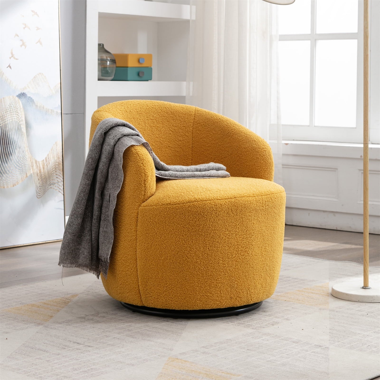 Swivel Barrel Chair, Modern Teddy Fabric Swivel Accent Barrel Chair Armchair, Upholstered Cozy Club Chairs Sofa Arm Chair for Nursery, Bedroom, Office, Hotel, Dark Blue