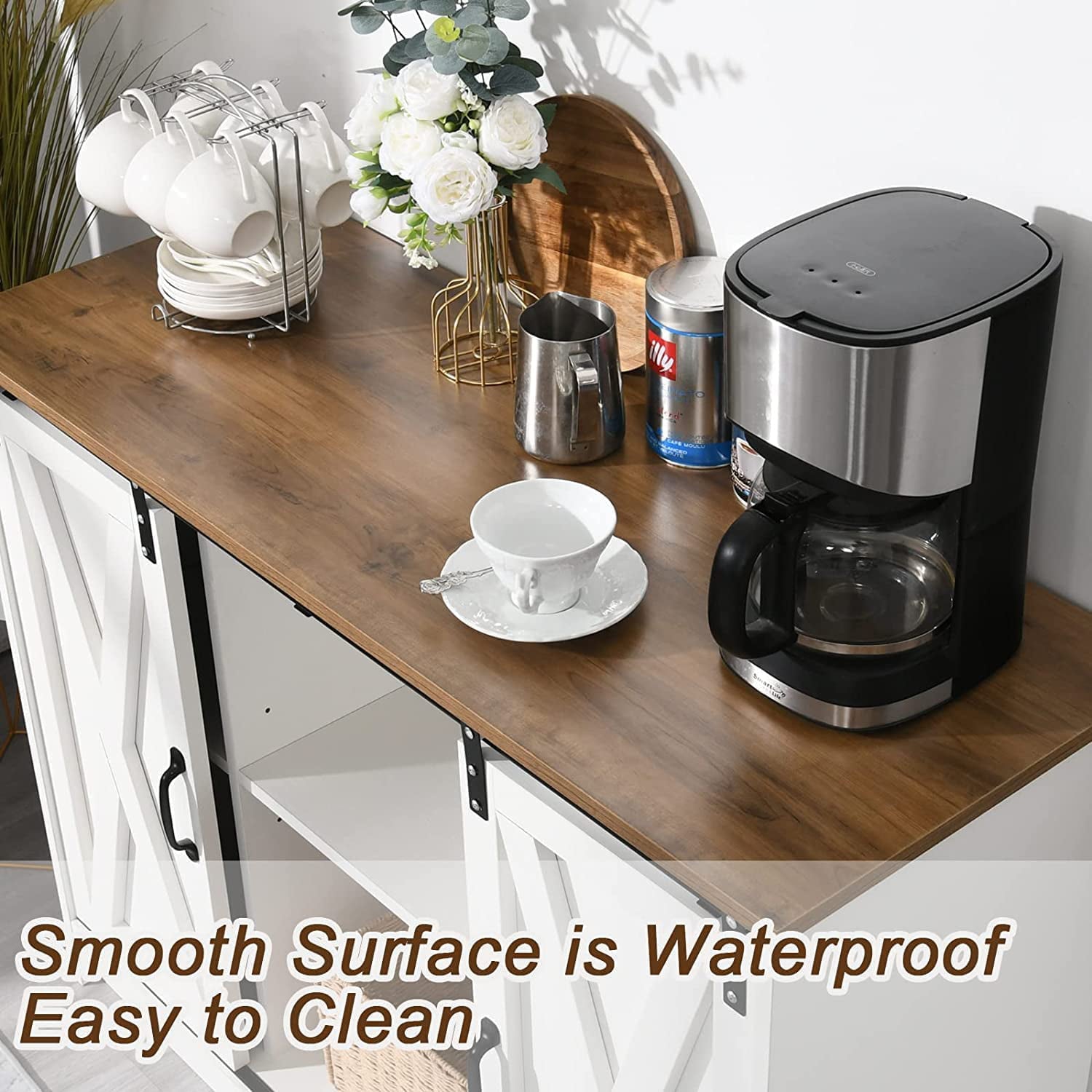 Catrimown Farmhouse Coffee Bar Cabinet , 42”  Buffet Sideboard Cabinet with Sliding Door, Sideboard Storage Cabinet, White