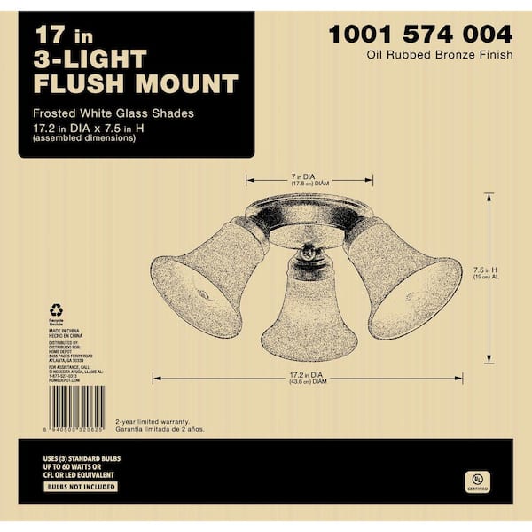 17.5 in. 3-Light Oil Rubbed Bronze Flush Mount