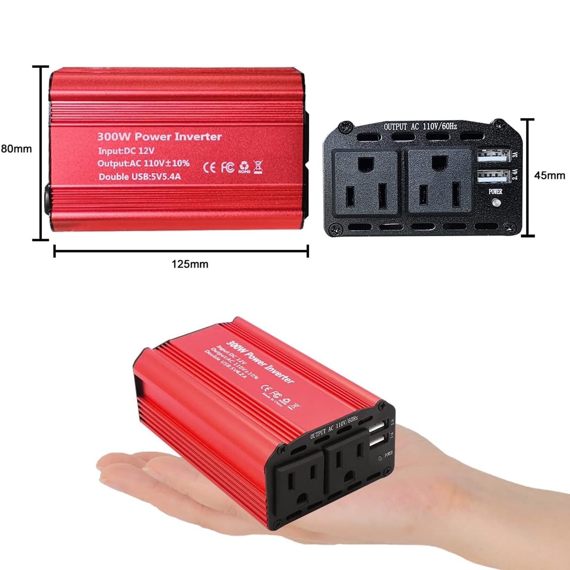 300W Car Power Inverter DC 12V to 110V AC, Car Plug Adapter Outlet with Dual USB and 2 AC Outlet, Car Charger for Laptop Computer