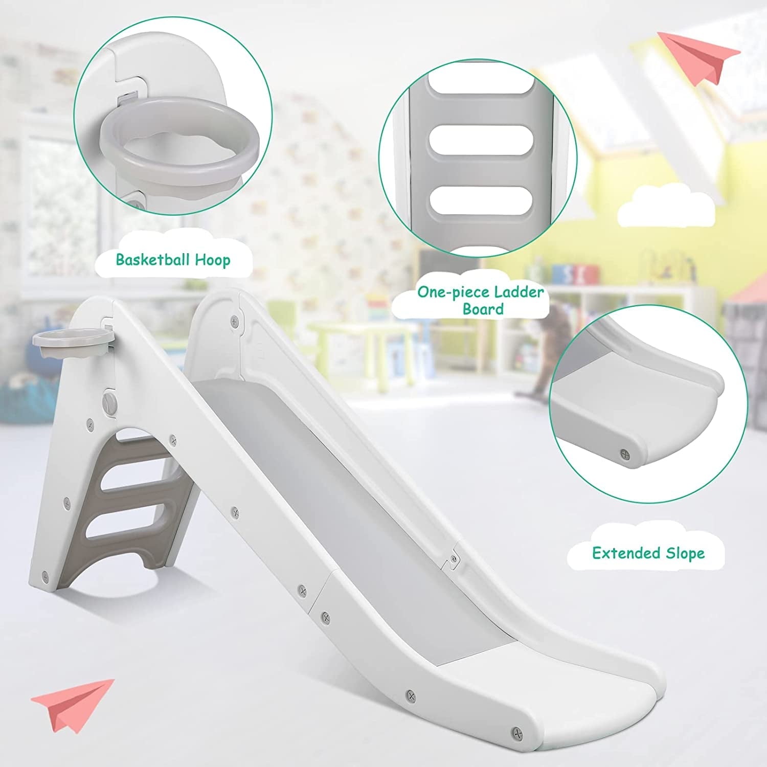 Arlopu Sturdy Kids Slide, Toddler Slide Play Climber with Basketball Hoop & Ball, Indoor Outdoor Playground Playset