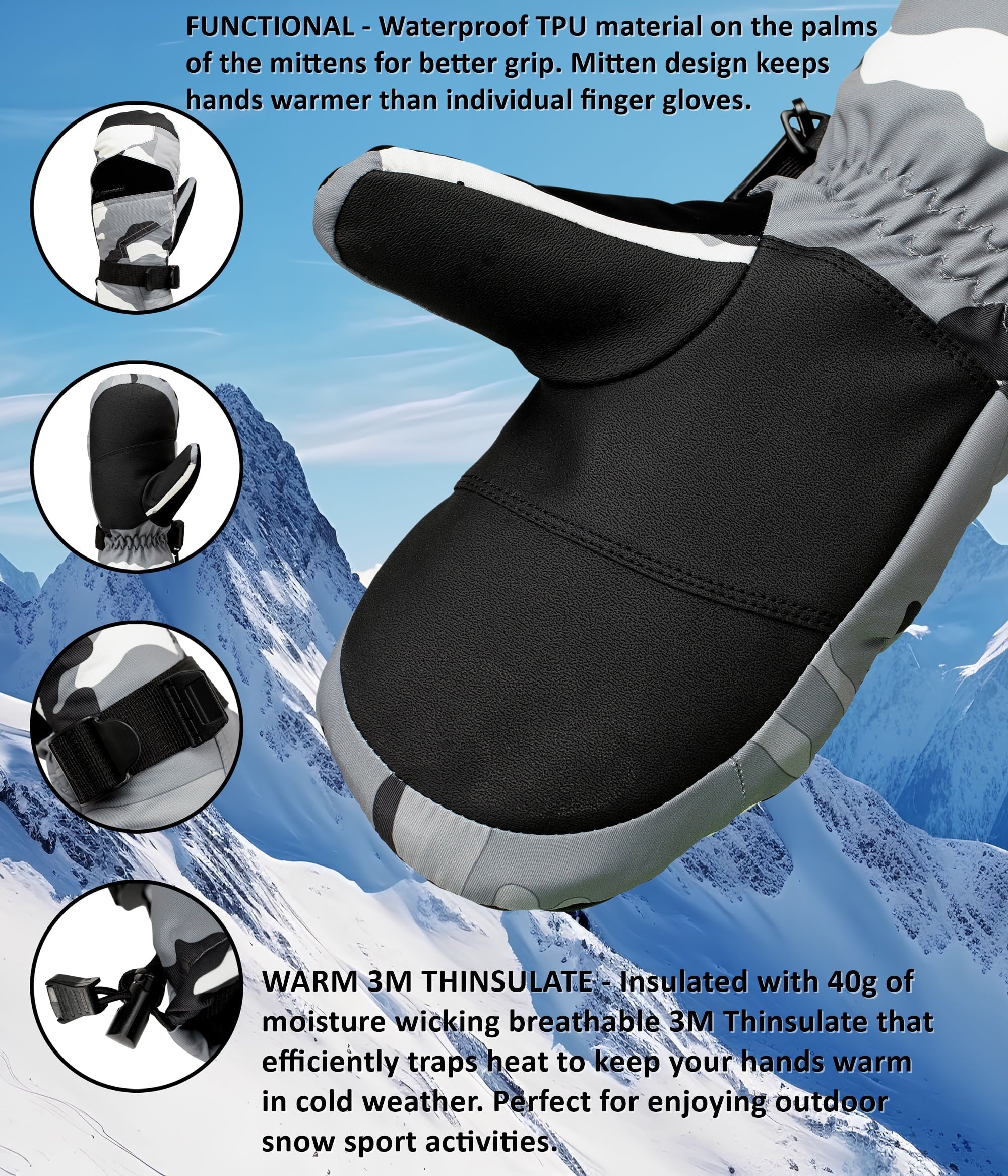 Alpine Swiss Mens Waterproof Ski Mittens 3M Thinsulate Winter Snow Sport Gloves