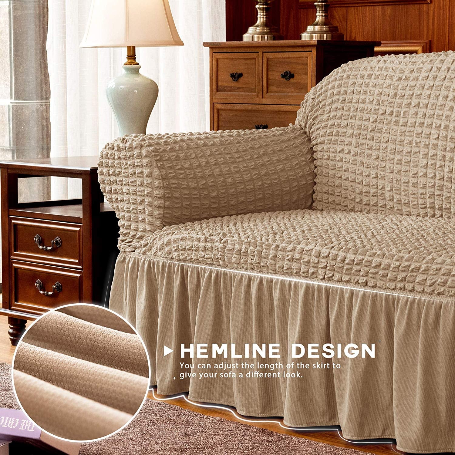 Subrtex Stretch 1-Piece Pleated Ruffled Skirt Armchair Slipcover, Oatmeal