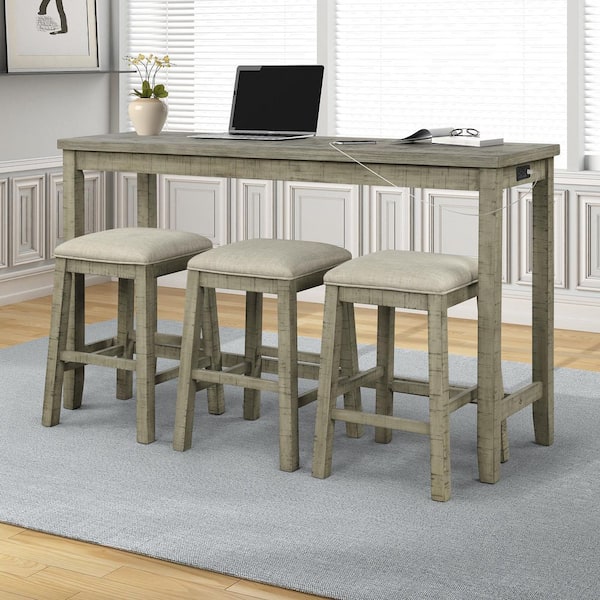 Rustic 4 Pieces Counter Height Rectangle Green Table with Padded Stools, Bar Dining Set with Wood Top Table Set Seats 3