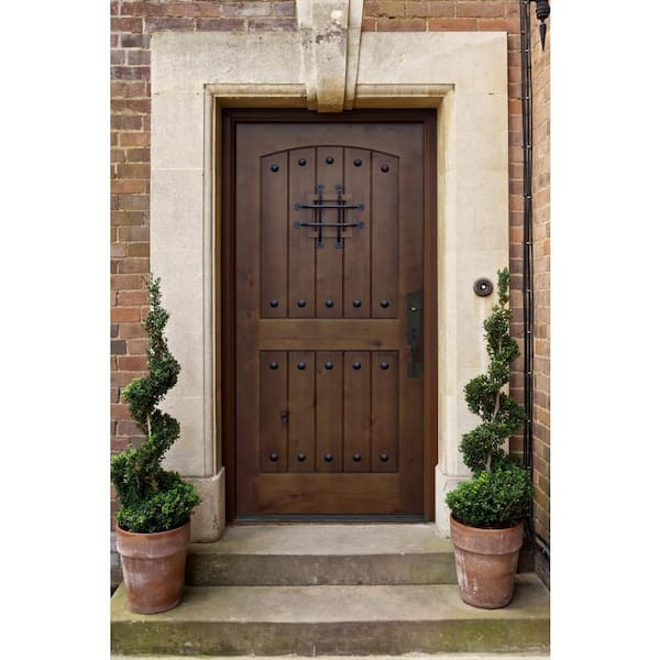 36 in. x 80 in. Walnut Left-Hand Inswing Arched 2-Panel V-Groove Speak Easy Stained Alder Prehung Front Door