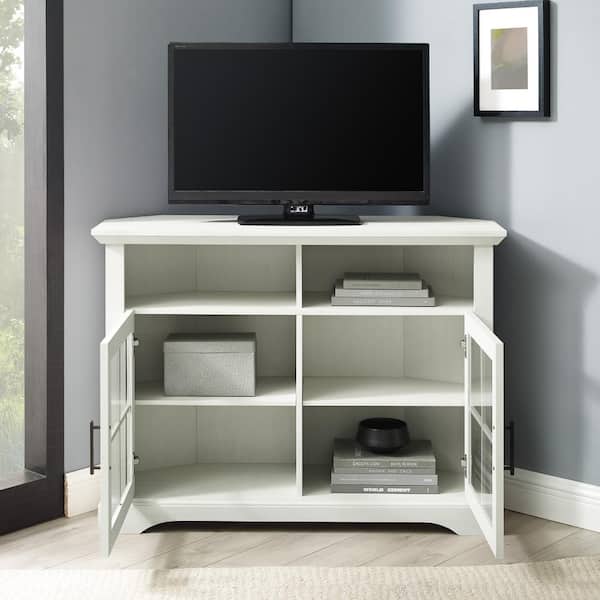 44 in. Brushed White Wood and Glass Traditional Window Pane 2-Door Tall Corner TV Stand Fits TVs up to 50 in.