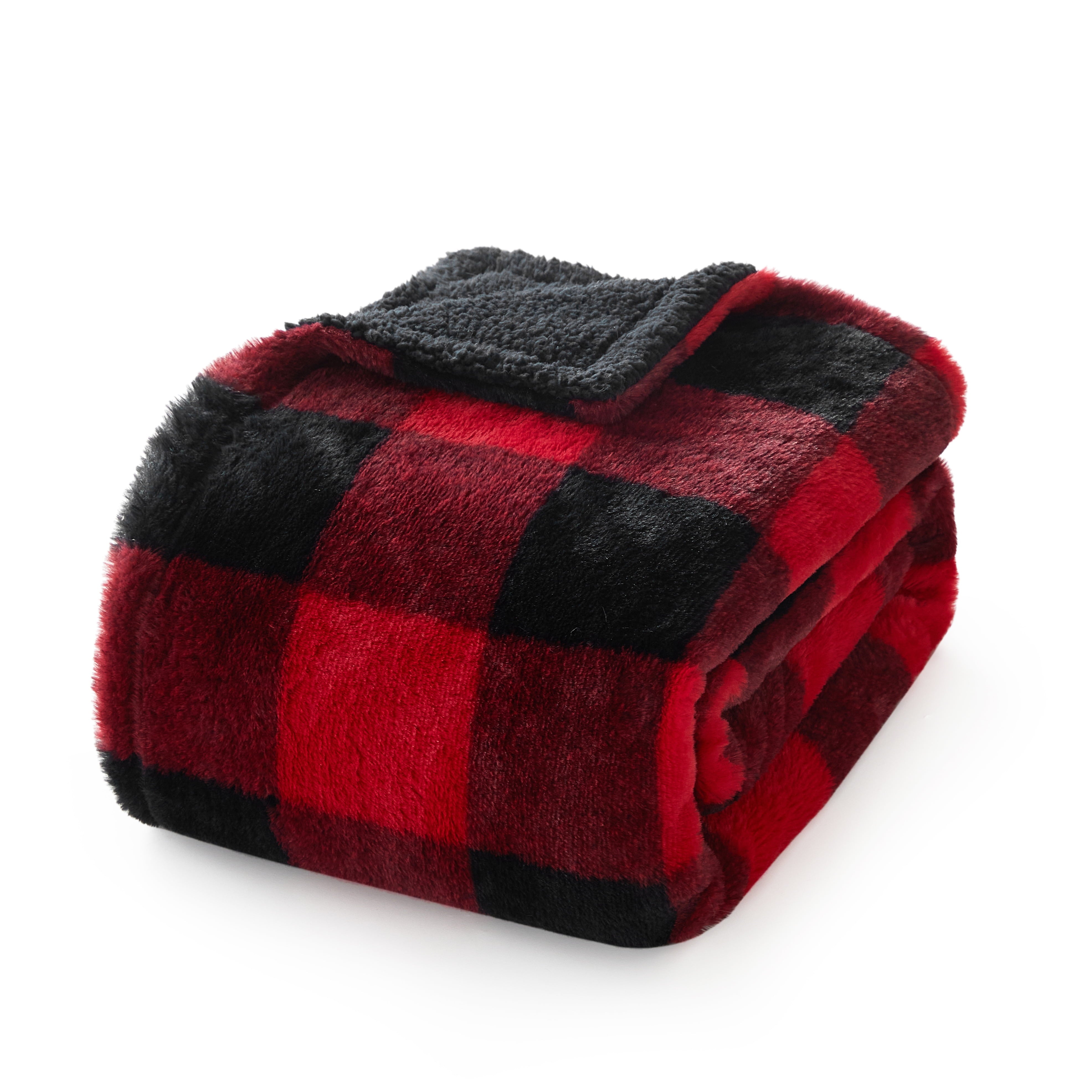 Dearfoams Reverse Sherpa Throw Blanket, Red Buffalo Check, Standard Throw