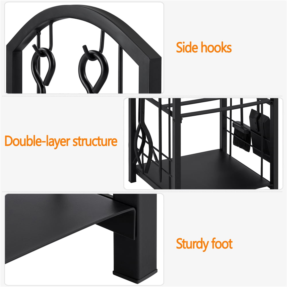 Easyfashion 2 Layer Metal Firewood Log Rack Hooks Set, Black