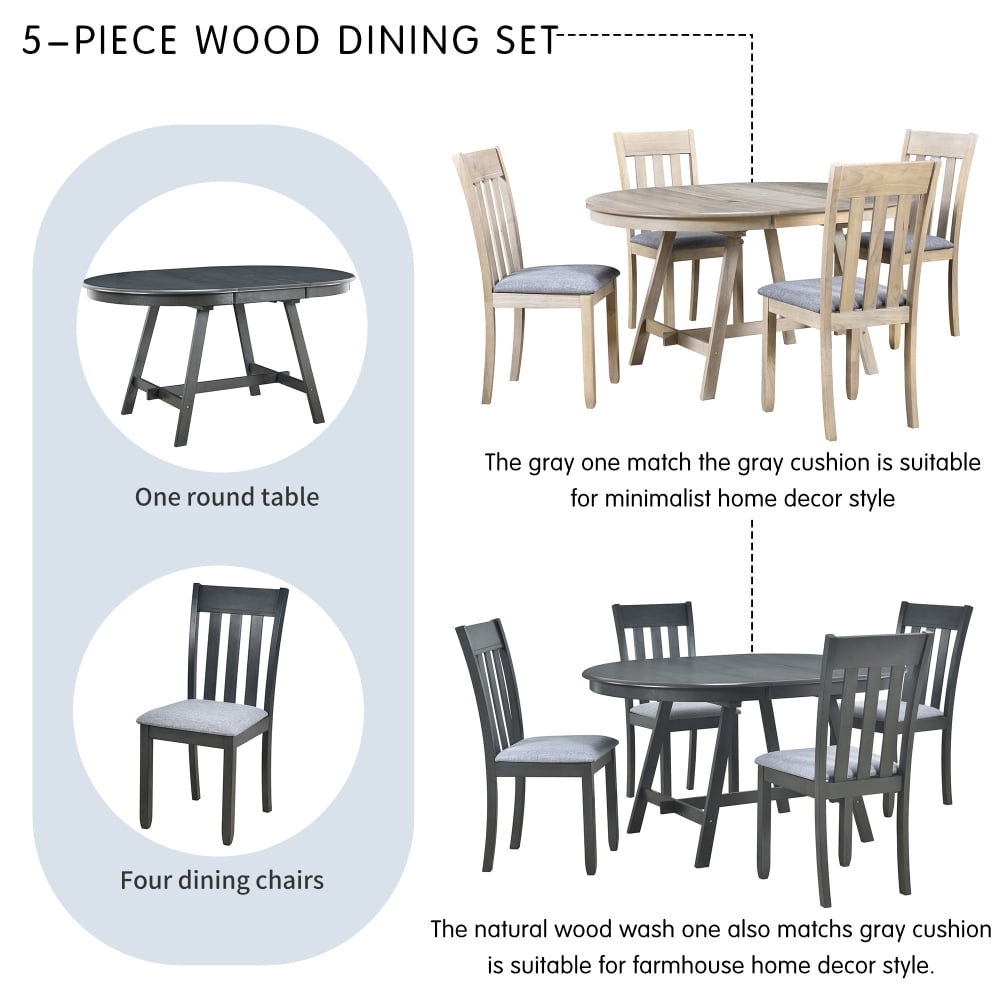 5-Piece Dining Table Set, Round Extendable Dining Table with 4 Upholstered Dining Chairs, Wooden Dining Room Table Set for 4, for  Dining Room Kitchen, Gray