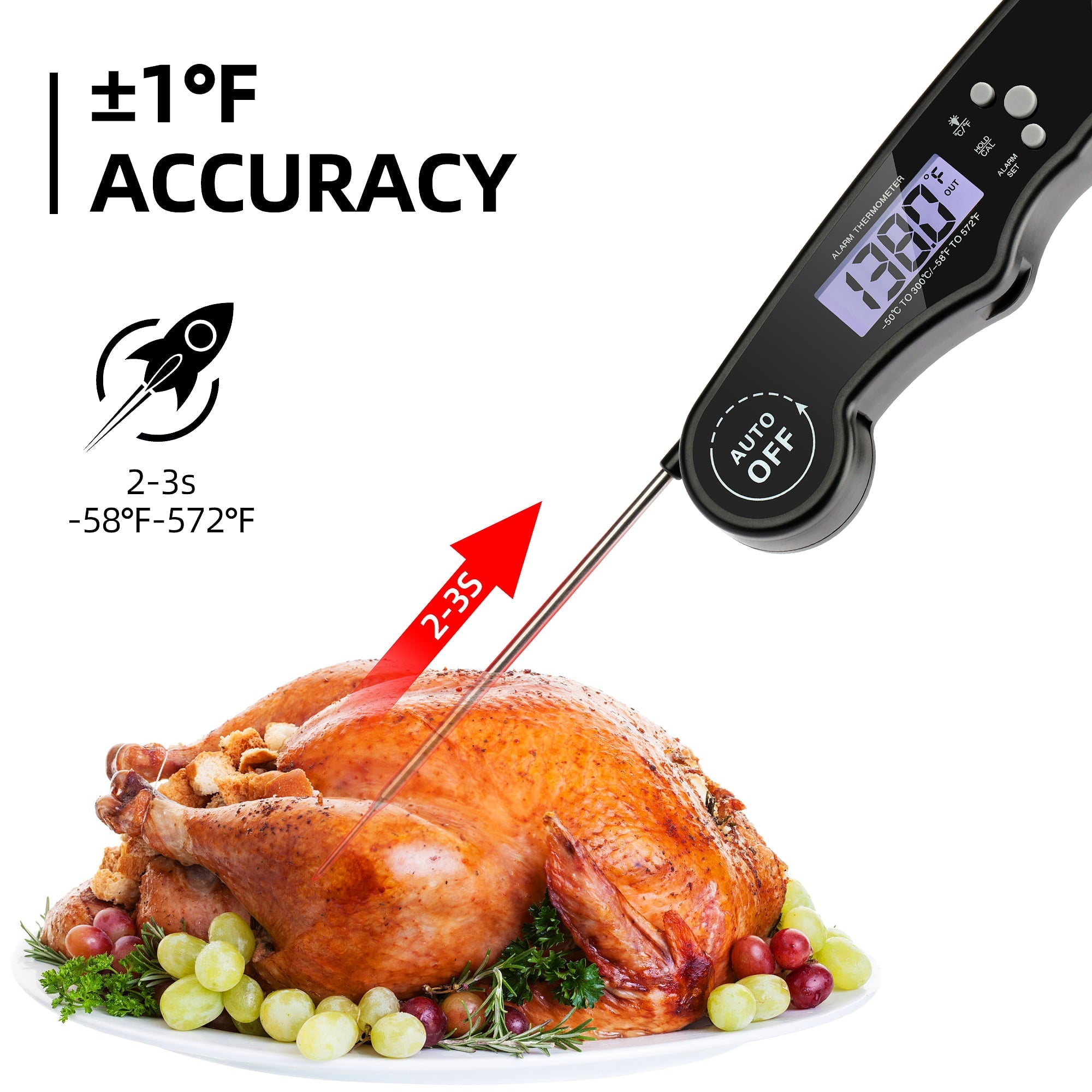 Meat Thermometer – 304 Stainless Steel Meat Thermometer Probe – LCD Food Thermometer Digital – Extra-Long Thermometer for Cooking – IP65 Waterproof