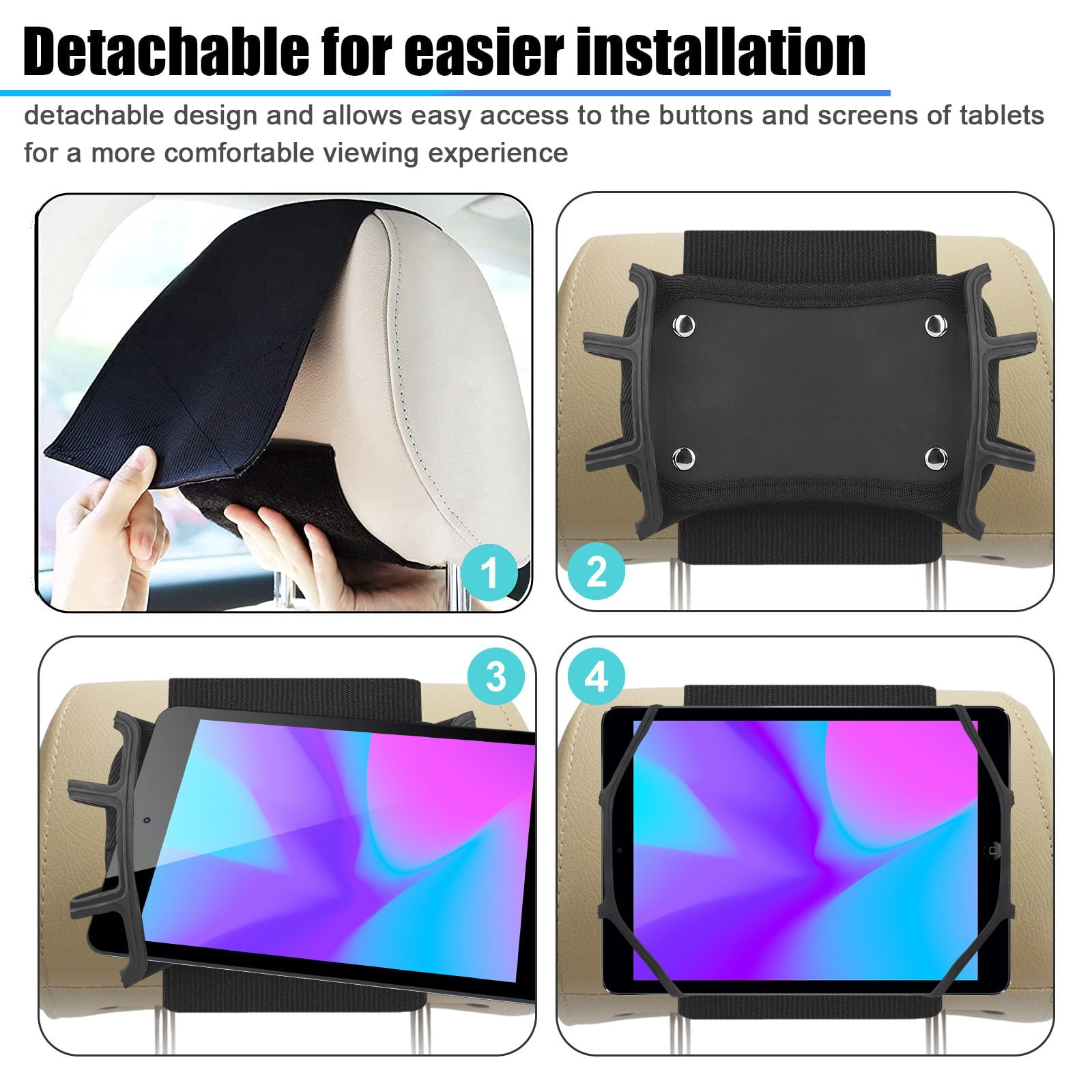 Car Headrest Mount Tablets Holder, EEEkit Universal Silicone Holder for Kids, Angle Adjustable Headrest Stand Fit for All 7-10.5'' Tablet Phone Nintendo Switch, Black