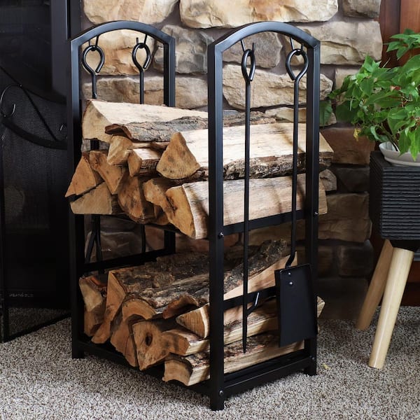 Steel Fireplace Log Holder and 5-Piece Tool Set