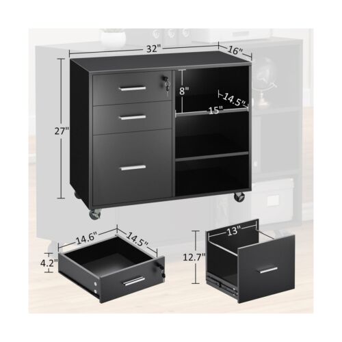JUMMICO 3 Drawer Mobile File Cabinet, Wood Lateral Filing Cabinet with Lock, ...