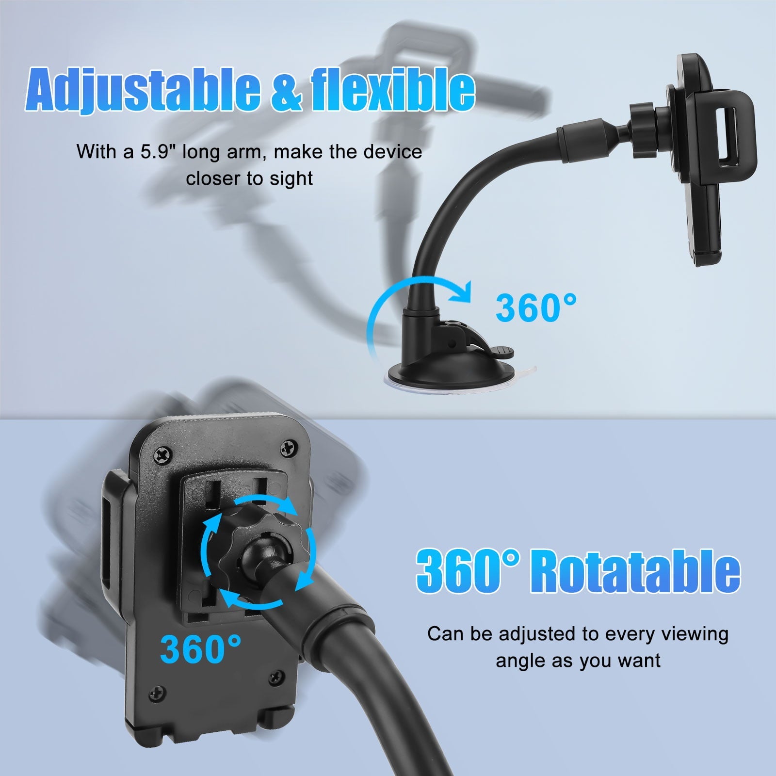 TSV Universal Car Windshield Dashboard Suction Cup 360 Degree Mount Holder Stand for Cellphones iPhone Android, Long Arm Car Phone Holder Windscreen Car Cradle