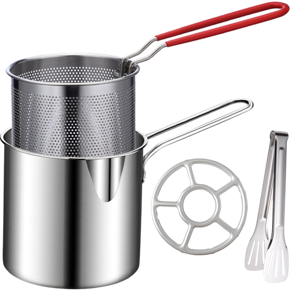 1 Set Food Fryer Stainless Steel Frying Cookware Snack Fry Basket Fryer Pot with Tong Stove Ring