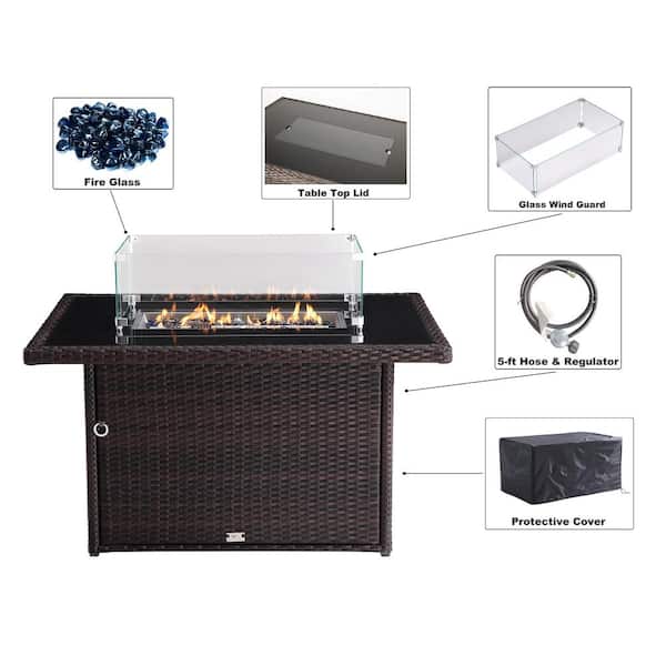 44 in. x 32 in. Outdoor Rectangular Wicker Aluminum Gas Propane Brown Fire Pit Table in Tempered Glass w/Fire Glass