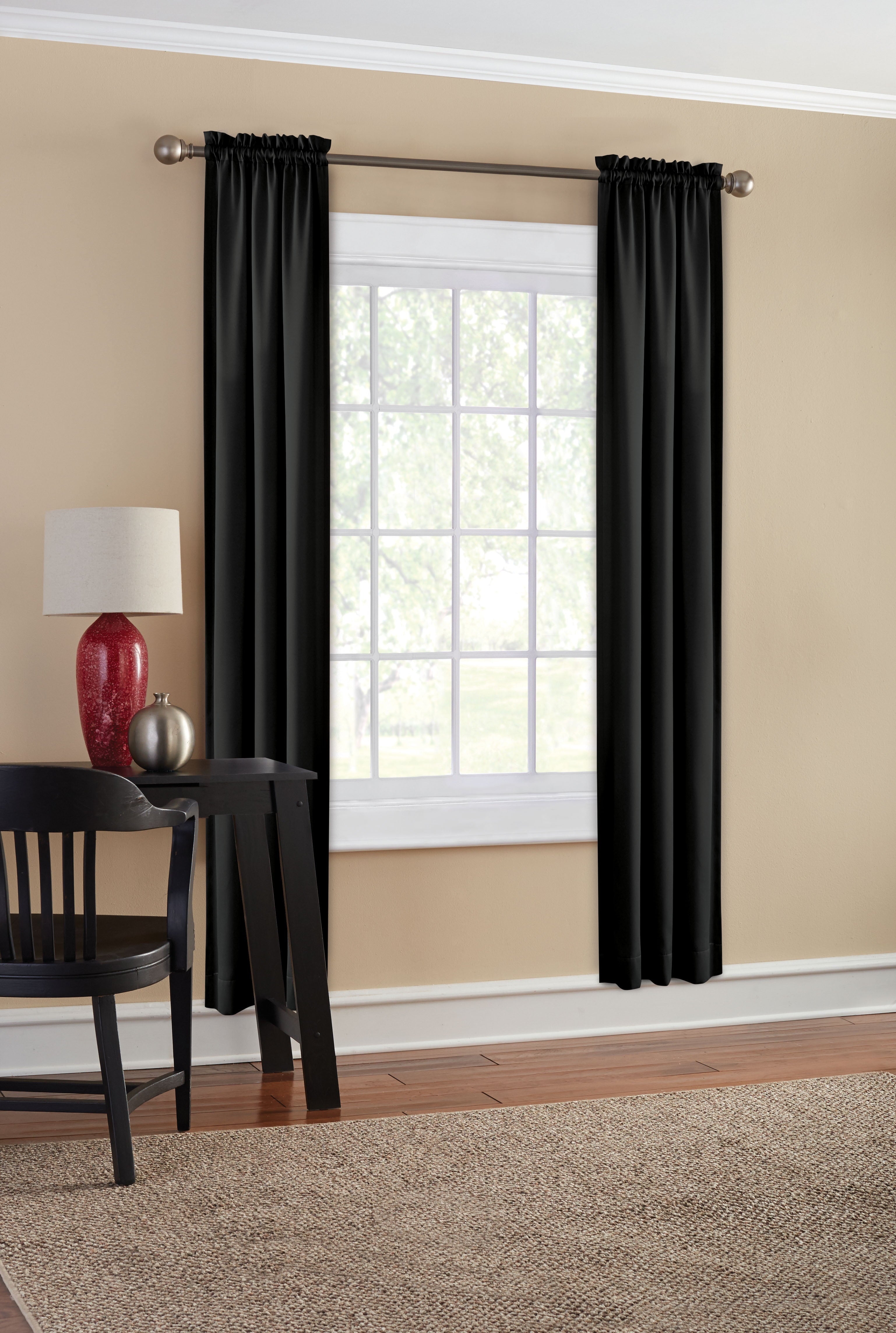 Mainstays Solid Black Room Darkening Rod Pocket Curtain Panel Pair, 30