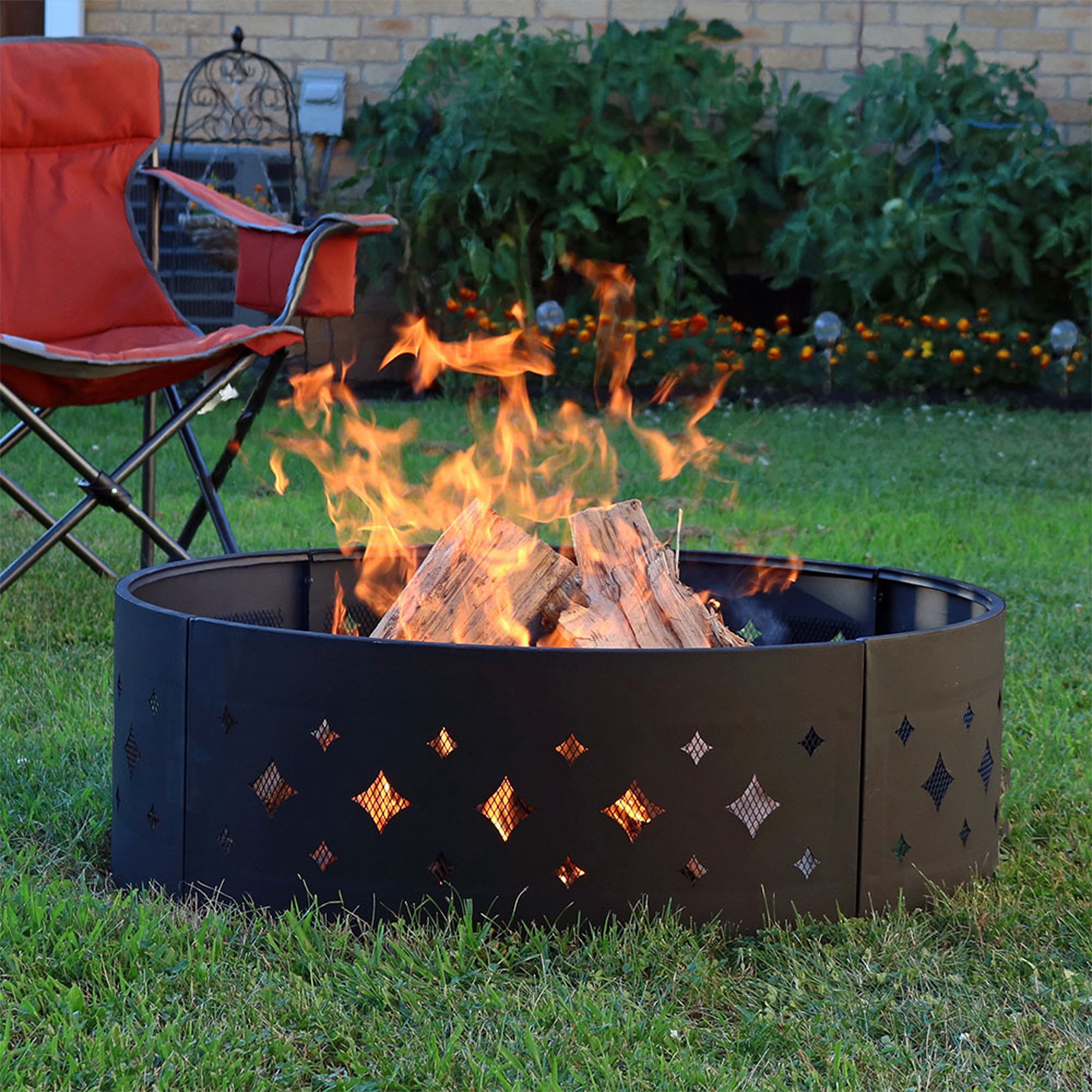 Sunnydaze Outdoor Heavy-Duty Steel Portable Large Round Diamond Cut Out Fire Pit Ring with Log Poker - 36