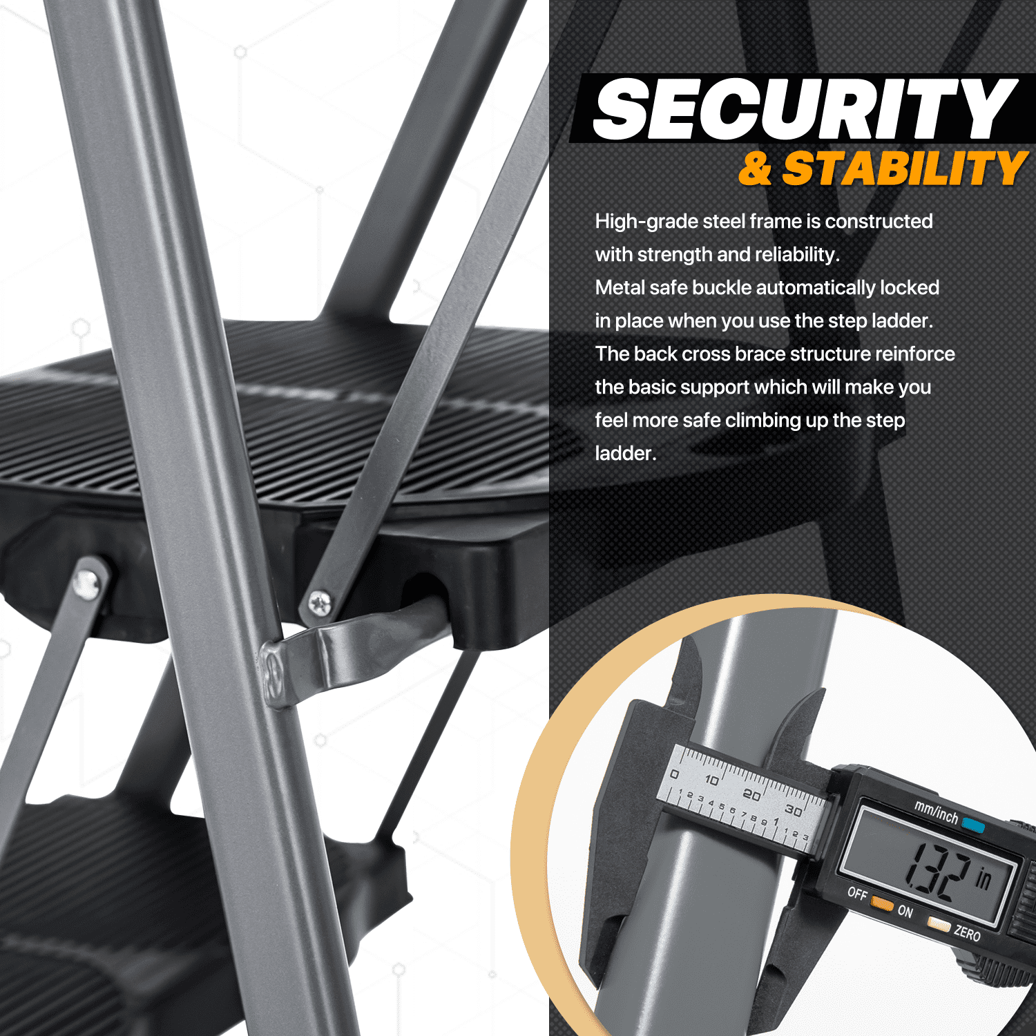 MoNiBloom 2 Step Ladder with Tool Tray, 331 lbs Weight Capacity, Steel Folding Stool With Non-Slip Wide Pedal, Black