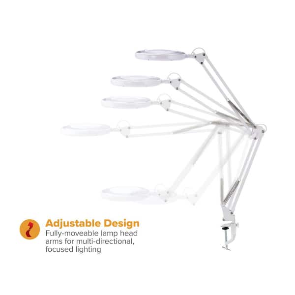 45 in. Magnifying White Desk Lamp with Clamp Mount, Energy-Efficient LEDs, Dimmable, 4.5-Watt, 480-Lumen