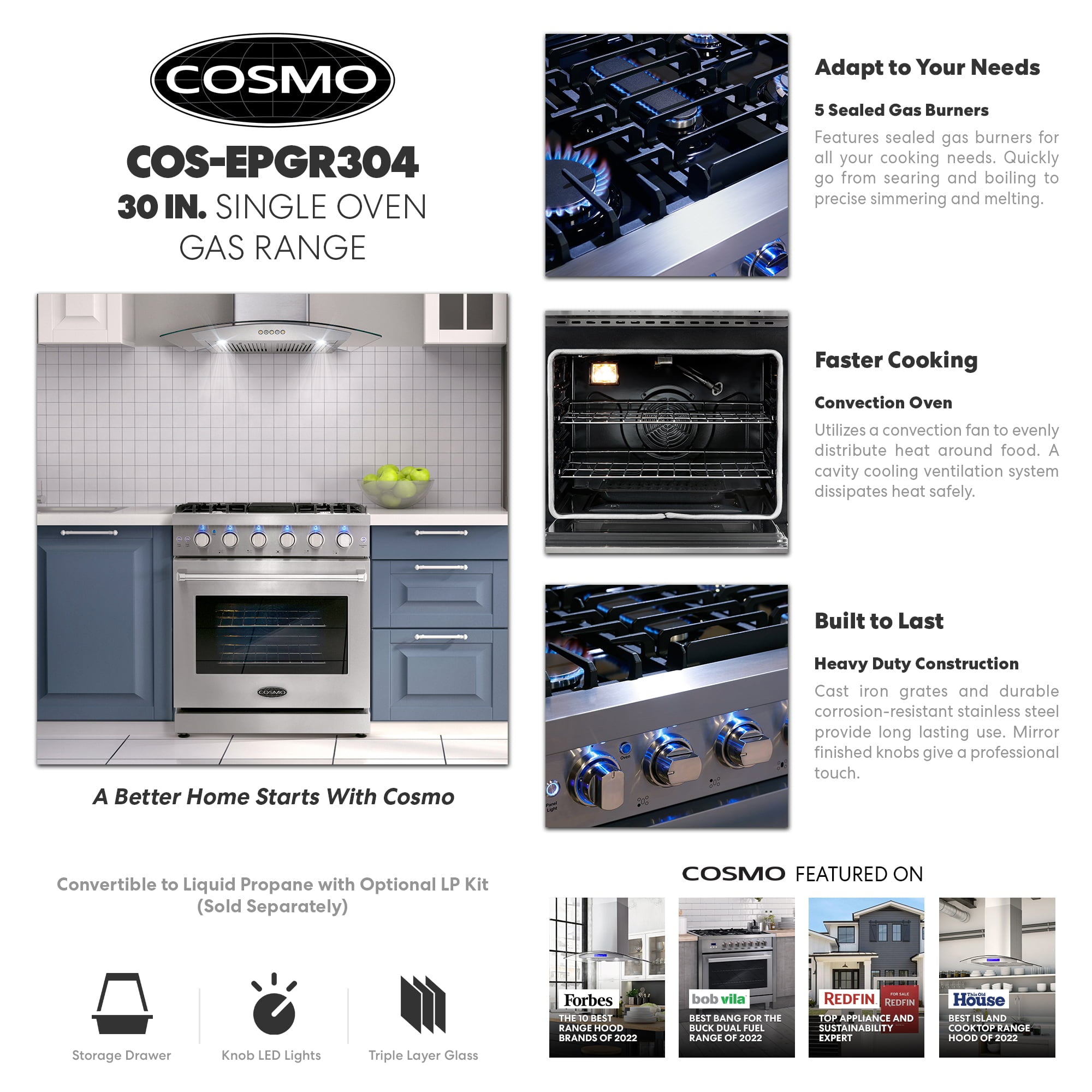 Cosmo 30 Inch 4.5 Cubic Foot Gas Range Kitchen Stove Convection Oven with 5 Sealed Burners