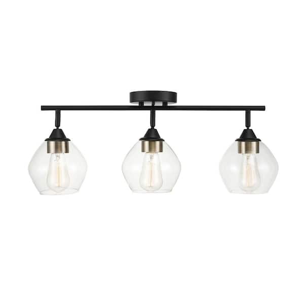 Harrow 2.07 ft. 3-Lights Matte Black Fixed Track Lighting Kit with Brass Accents and Clear Glass Shades, Bulbs Included