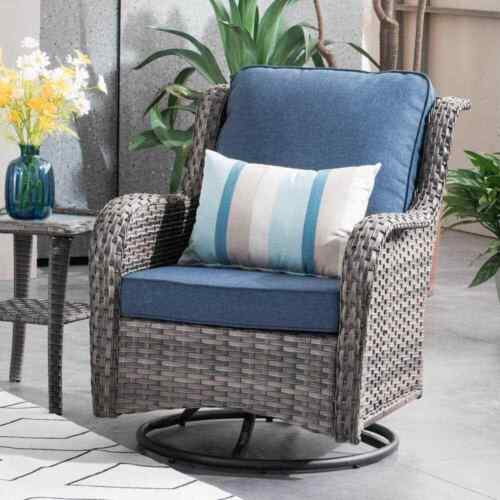 OVIOS Patio Conversation Seating Set w/ Swivel Rocking Chair+Denim Cushion Blue