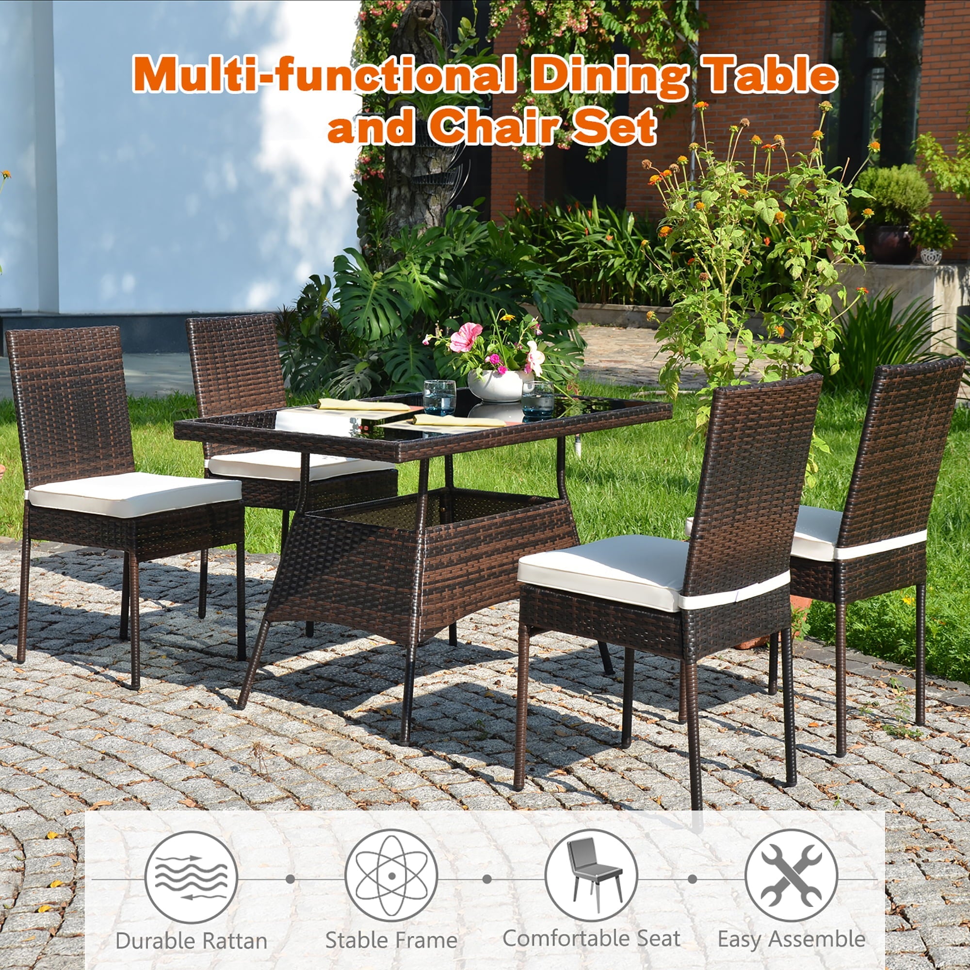 Costway 5 PCS Patio Rattan Dining Set Glass Table High Back Chair Garden Deck Mix Brown