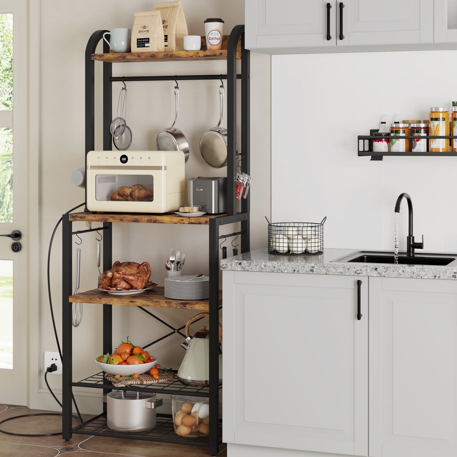 Bakers Rack with Power Outlet, Microwave Stand, Coffee Bar Table Station with Metal Wire Panel, Kitchen Storage Rack with 8 Hooks, Buffet Table with Hutch, Rustic Brown