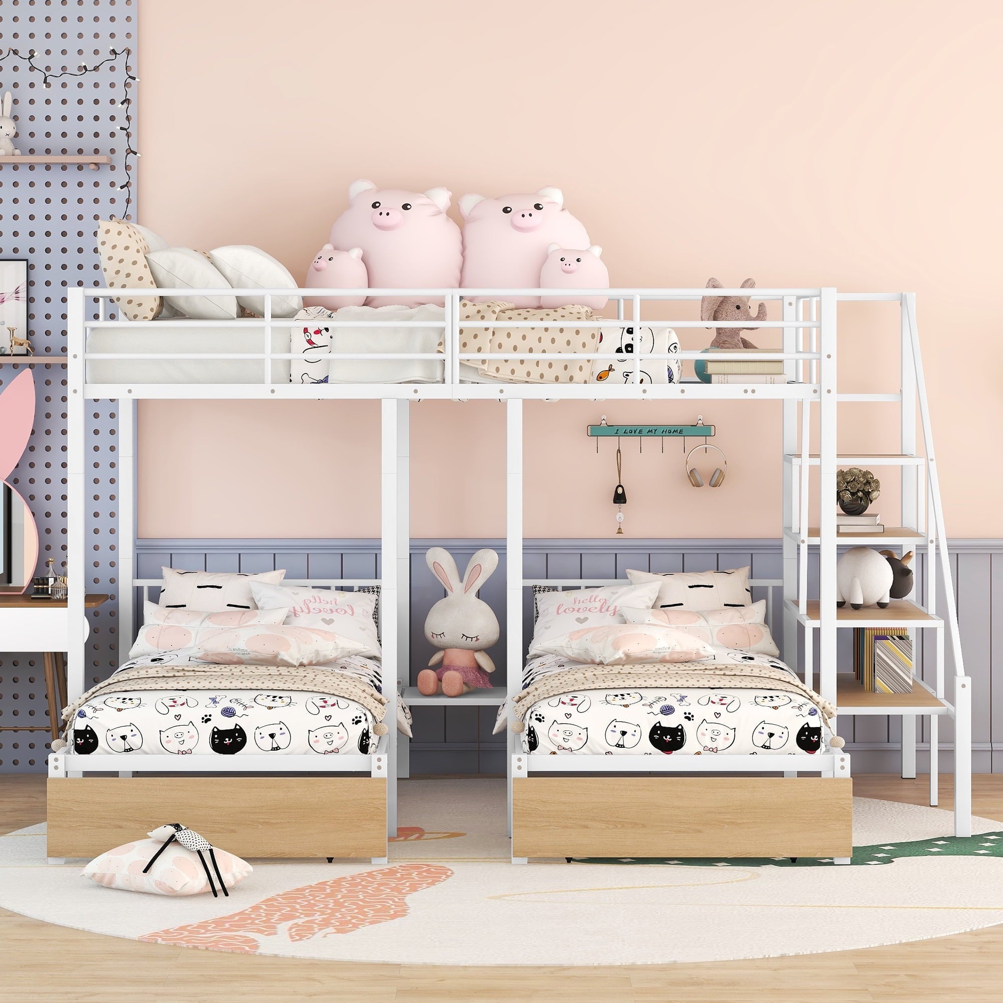 Bellemave Triple Bunk Bed with Stairs, Metal Full over Twin-Twin Bunk Bed with Storage Drawers, Heavy-Duty Bunk Bed for 3 Kids, Teens, Boys & Girls (White)