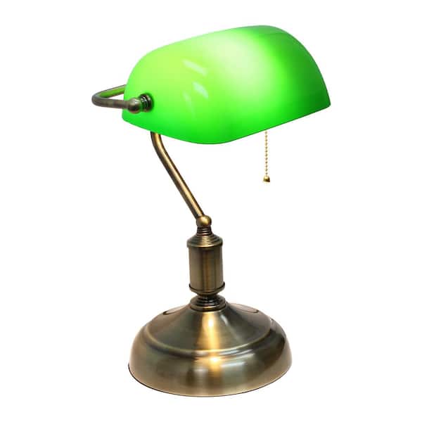 14.75 in. Executive Banker's Green Glass Shade Desk Lamp with Antique Nickel Base