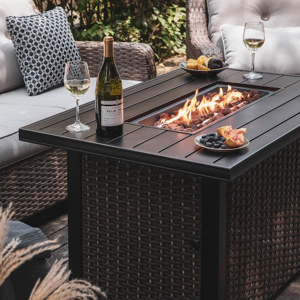44 in. Rectangle Brown Aluminum Propane Gas Wicker Fire Pit Table 50,000 BTU with Fire Glass Stone