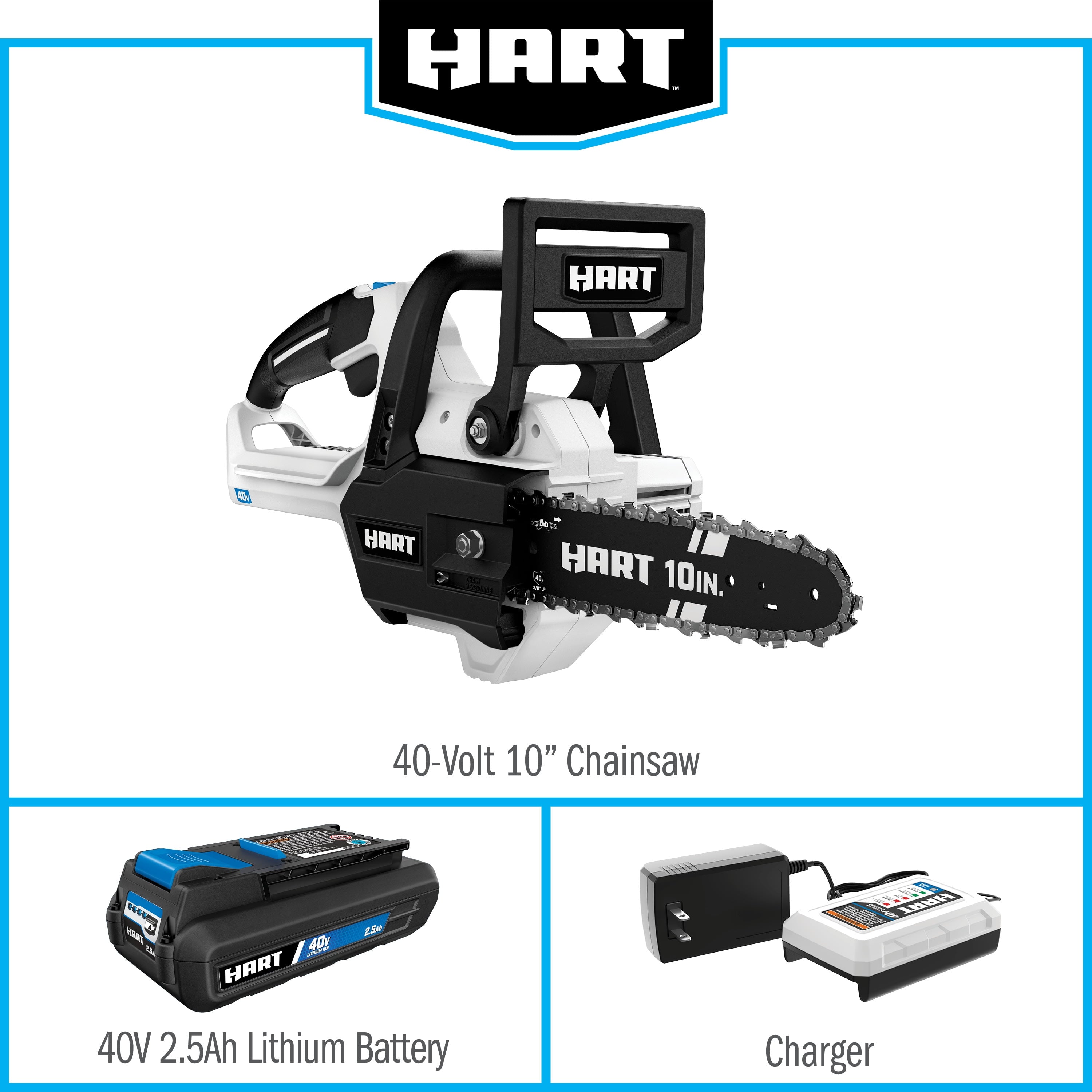 HART 40-Volt 10-Inch Battery-Powered Chainsaw Kit, (1) 2.5 Ah Lithium-Ion Battery