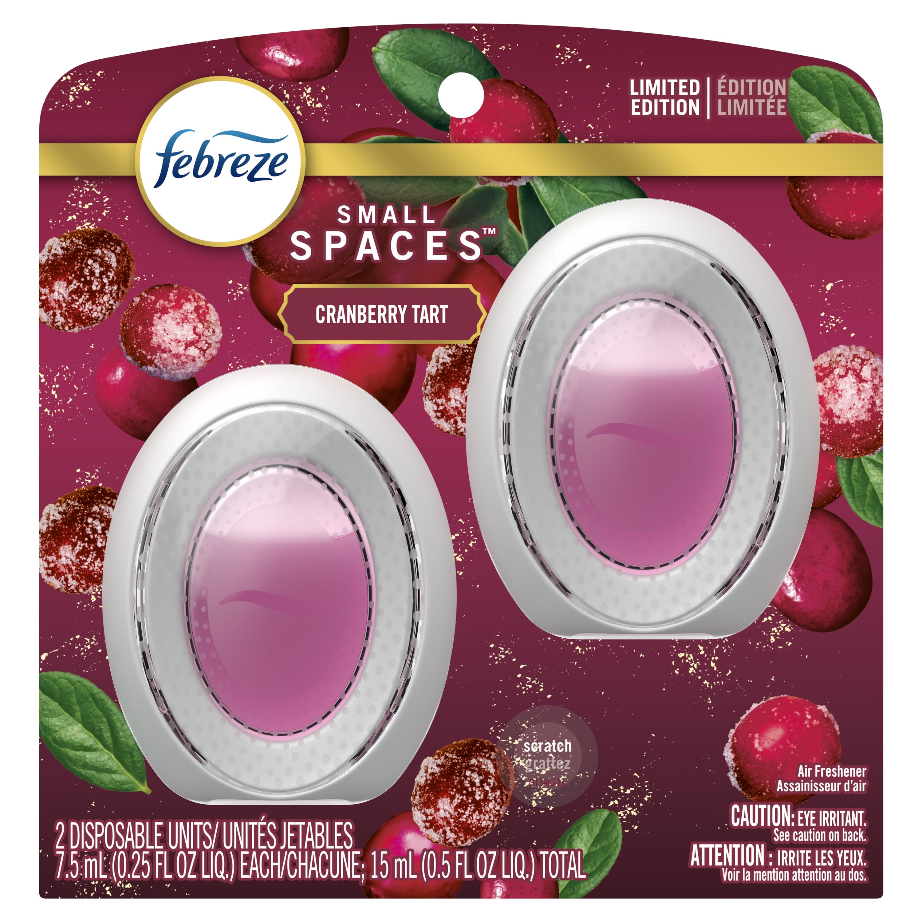 Febreze Small Spaces Holiday Air Freshener Cranberry Tart Scent, 0.25 fl. oz. Each, Pack of 2