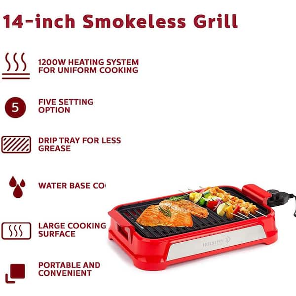 14 in. Smokeless Indoor Grill, Non-Stick Copper, With Drip Tray, Red