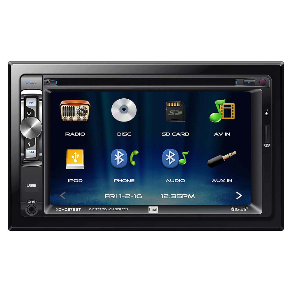 Dual Electronics XDVD276BT 6.2 inch LED Backlit LCD Multimedia Touch Screen Double Din Car Stereo with Built-in Bluetooth, iPlug, CD/DVD Player and USB/microSD Ports