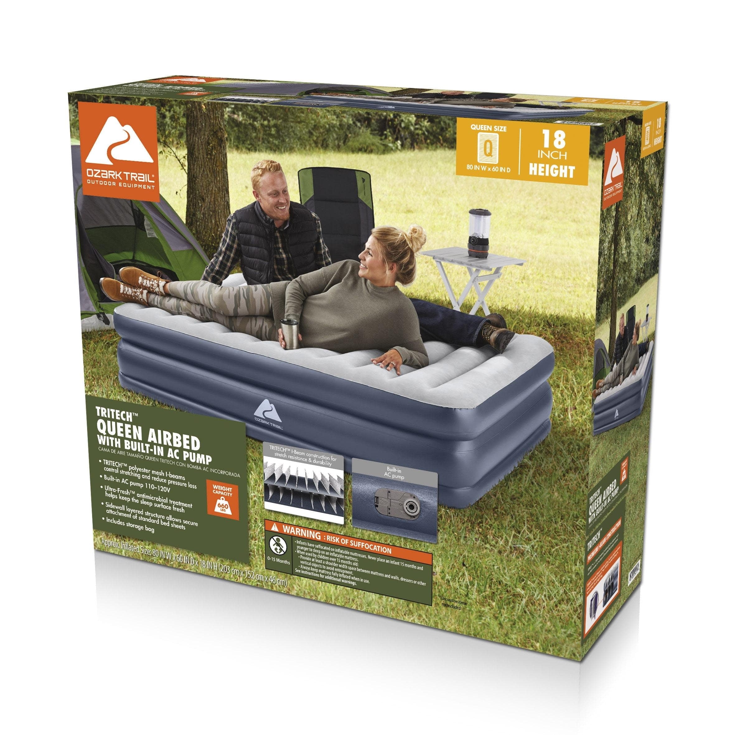 Trail Tritech QuadComfort 18in Air Mattress Antimicrobial Coating with Built-in AC Pump, Queen