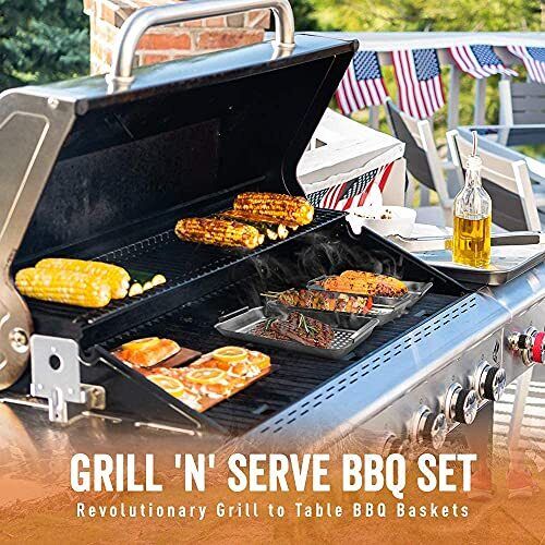 Bbq 'n Serve Grill Basket Set Includes 3 Grilling Baskets A Serving Tray & Clipo