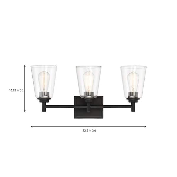 Westin 22.5 in. 3-Light Matte Black Modern Industrial Vanity with Clear Glass Shades