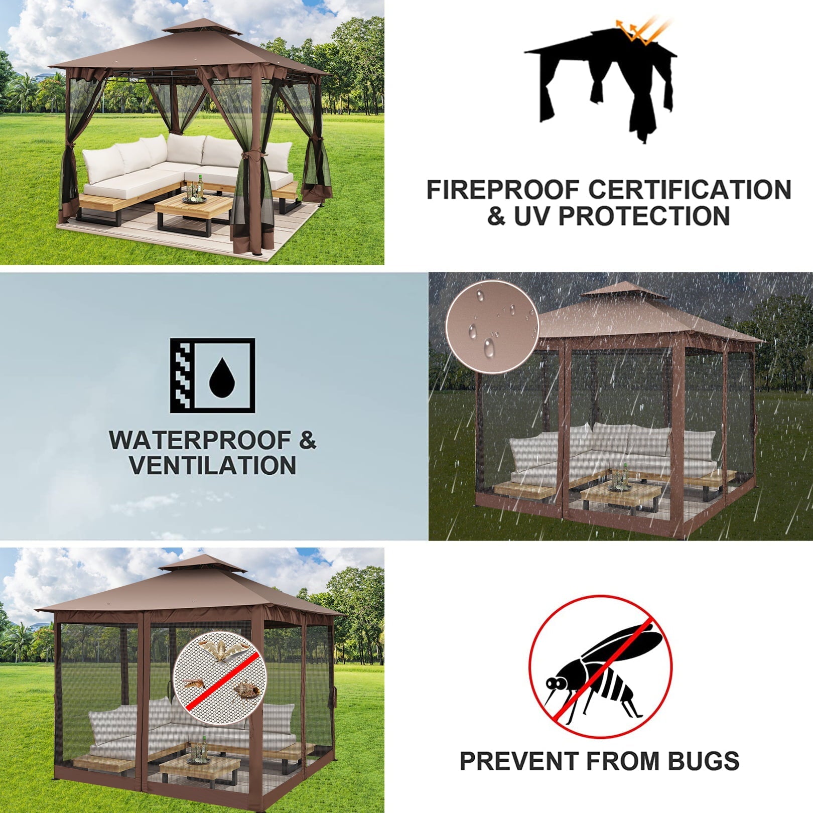 SANOPY 10' x10' Canopy Gazebo, Assembled Style Wrought Iron Gazebo Tent Can Accommodate 6-10 People with 4 Detachable Mosquito Net Side Walls, Rainproof&Sunproof Canopy Tent For Garden, Yard, Beach