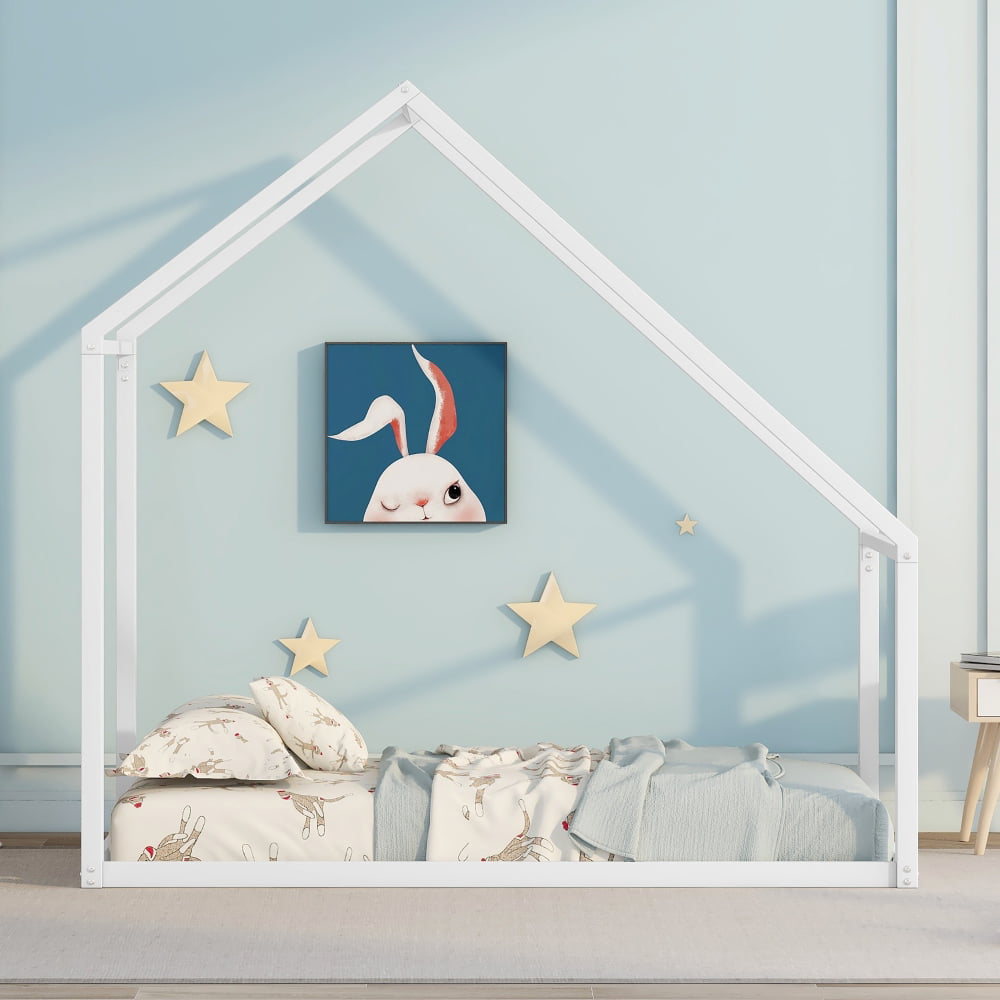 Twin Size House Bed, Tent Metal Bed Frame, Floor Play House Bed, Montessori Beds, Metal Canopy Bed Frame, No Box Spring Needed,  No Limit Weight, White