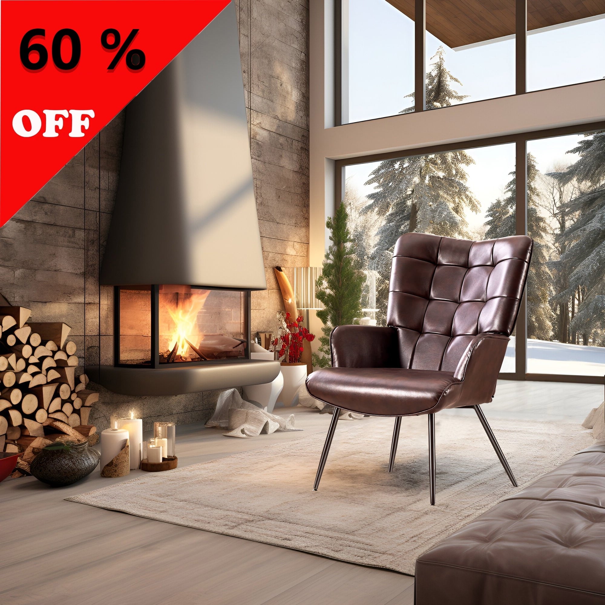 Unikome Livingroom Chairs  Mid-Century Modern Accent Chair, Faux Leather Wingback Accent Chair PU Leather Accent Chair for Home Office/Living Room/Bedroom, Brown