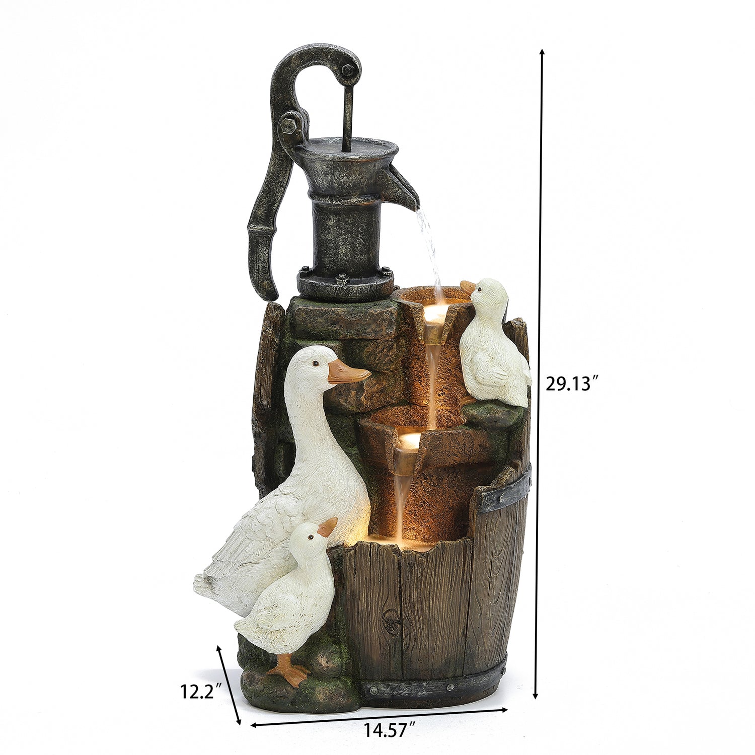 LuxenHome Farmhouse Pump and Duck Family Resin Outdoor Fountain with LED Lights