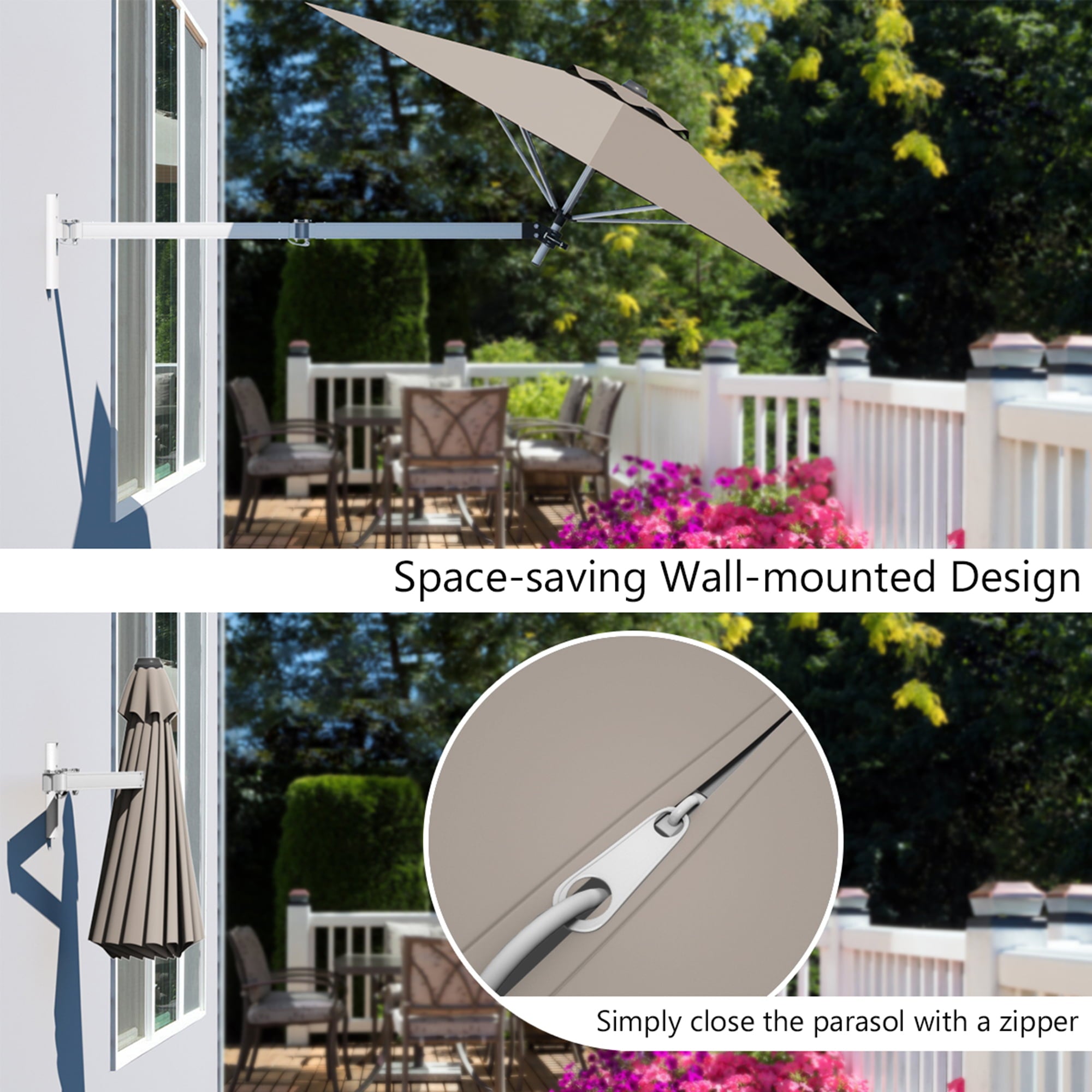 Gymax 8FT Patio Wall Mounted Cantilever Umbrella Parsol w/ Adjustable Pole Tan