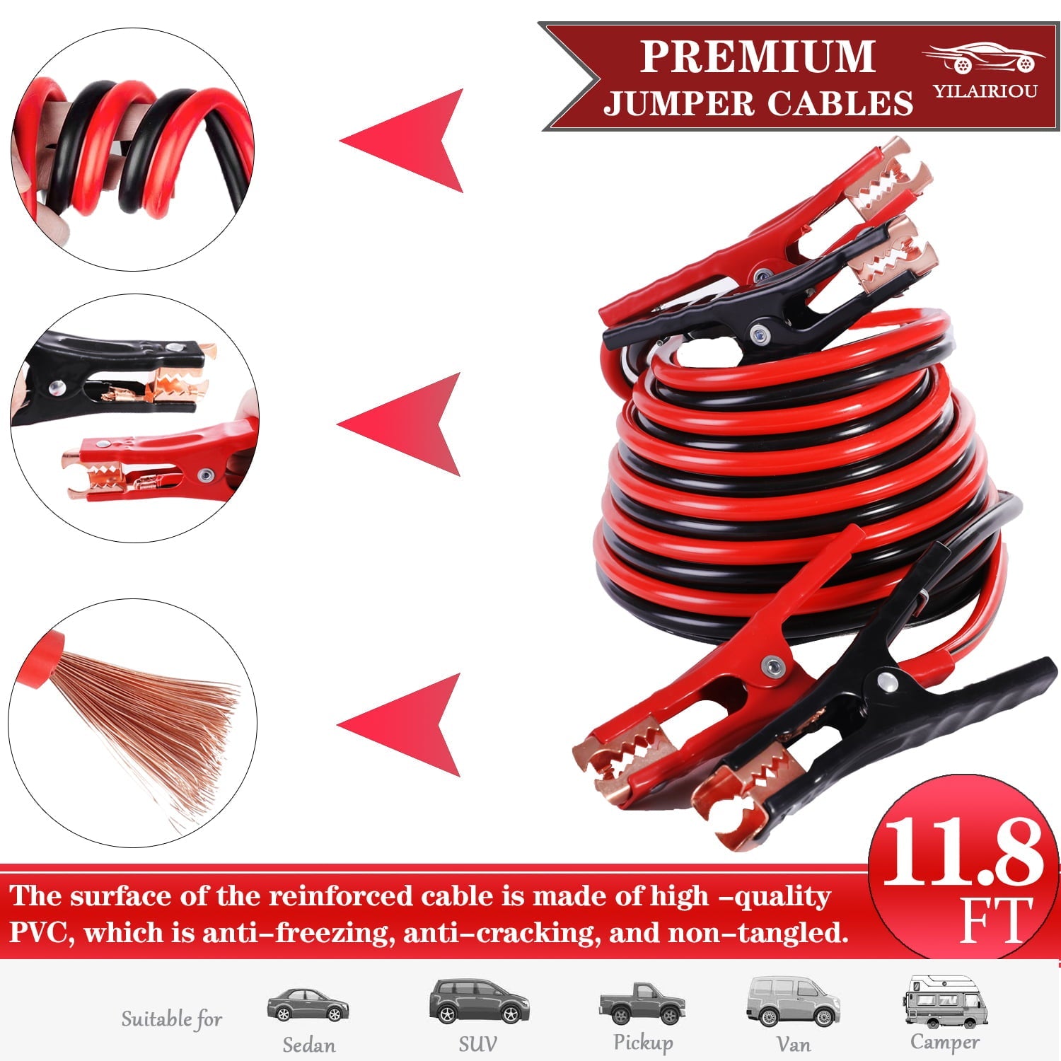 YILAIRIOU Car Emergency Roadside Kit- Safety Kits for Cars, Car Jumper Cables Kit 11.8 Foot (Upgrade) 124 Pcs Car Tool Kit,Tow Strap, Folding Survival Shovel